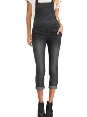 Free People Slim Crop Denim Overalls in Washed Black